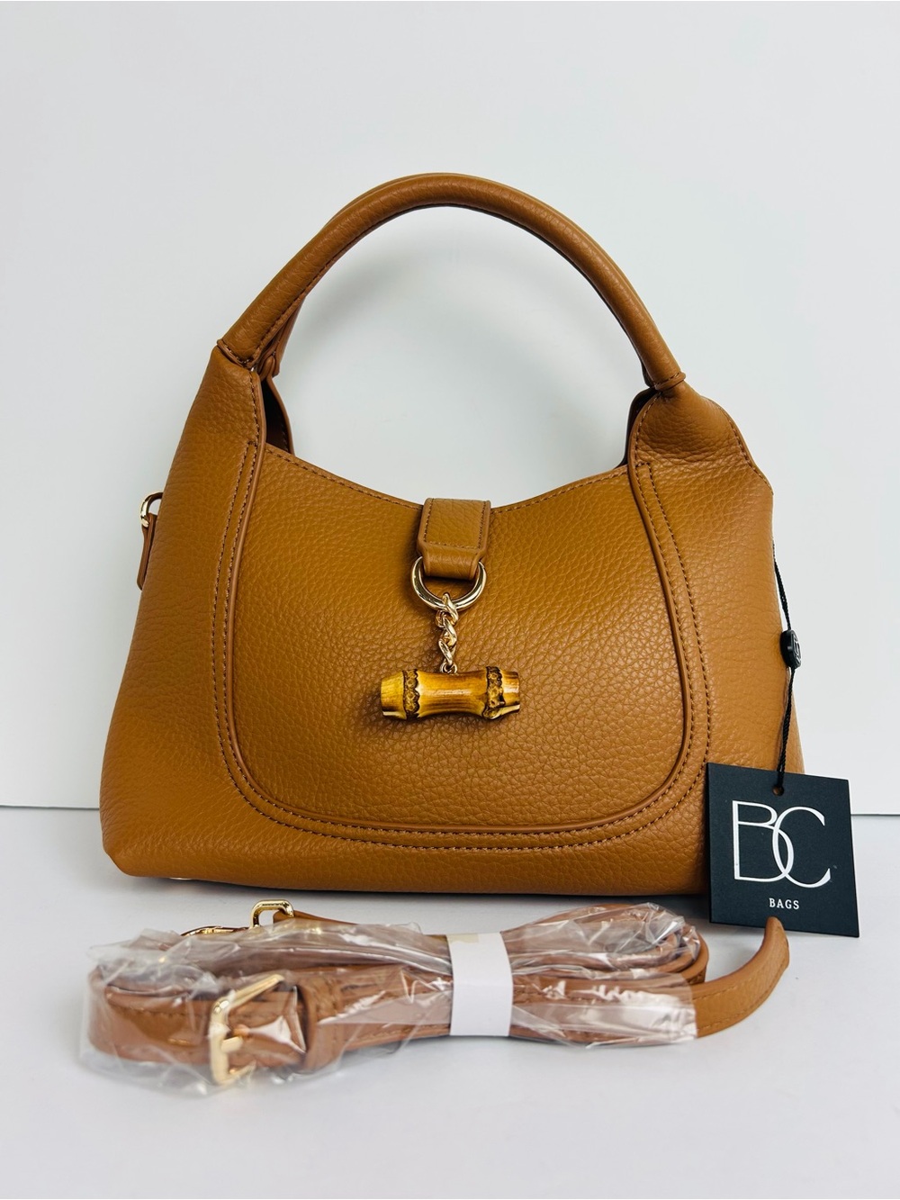 BC Bags Women's Handbag PU Pebbled Camel Matching Pouch Adjustable Strap NWT